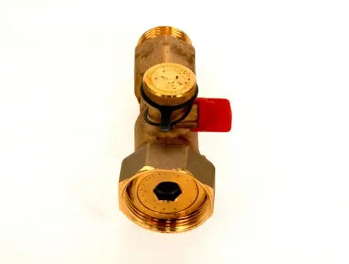 BOSCH Ventil in Metallausführung mit zwei Anschlussgewinden und einem verstellbaren Regler. Die rote Hebelarmatur dient zur Steuerung des Durchflusses.